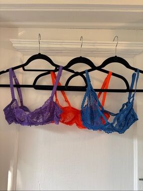 Journelle Sheer Lace Underwire Bras Purple, Orange, and Blue